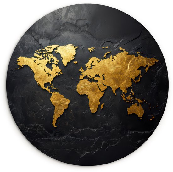 WallCircle® Cercle mural 60x60 cm - Cercle mural Wereldkaart - Or - Pierre - Décoration murale salon - Décoration murale chambre - Accessoires de décoration de chambre - Tableaux ronds