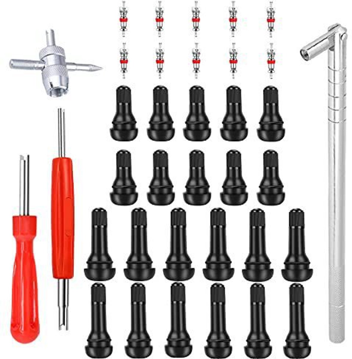 36-delige set - Set met gereedschap voor het verwijderen van bandenventielen - Gereedschapset voor installatie van ventielsteel - Gereedschap voor bandenreparatie