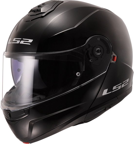 Casque modulable noir LS2 avec visière et ventilation. Nom de marque LS2 sur le côté.