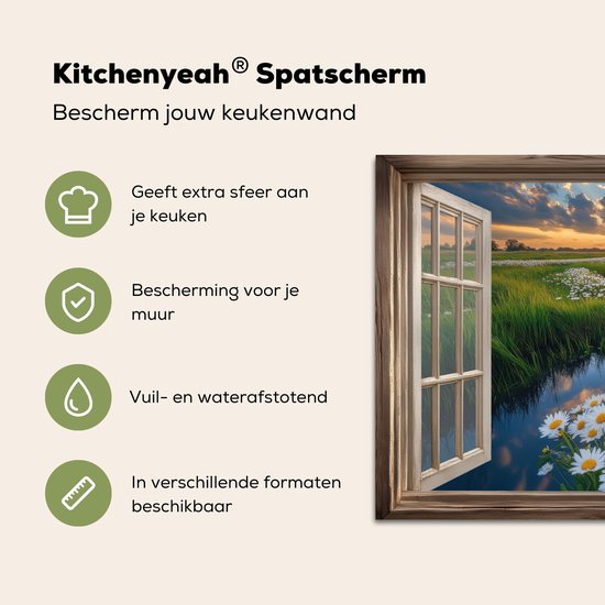 Keuken spatscherm met open raam-uitzicht op een zonsondergang met madeliefjes.