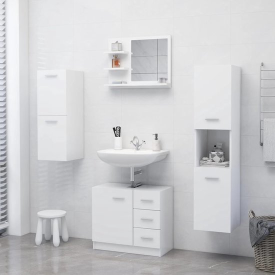 Specchio Da Bagno In Legno Multistrato 60x10,5x45 Cm Con 3 Ripiani – Color Bianco, Moderno E Salvaspazio Per Bagno E Camera