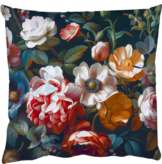 Coussin sombre avec un motif floral coloré et détaillé de pivoines, tulipes et anémones.