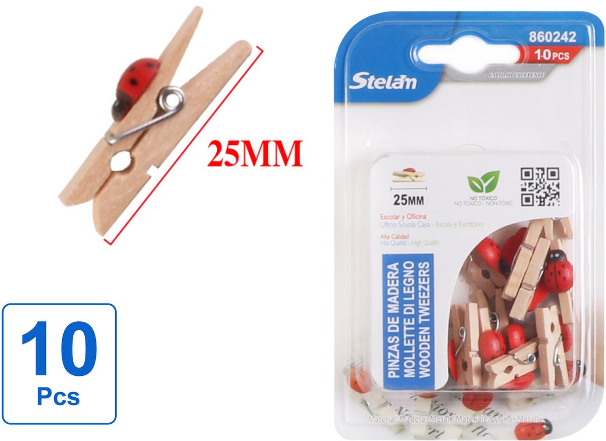 Decopatent - 10 Stuks Mini Fotoknijpertjes - Met Liefheerstbeestje decoratie - 25mm Lang - Kaartknijpertjes - Kleine mini wasknijpers - Hout - Kaarten Kerstkaart knijpers - Houten clips voor fotos