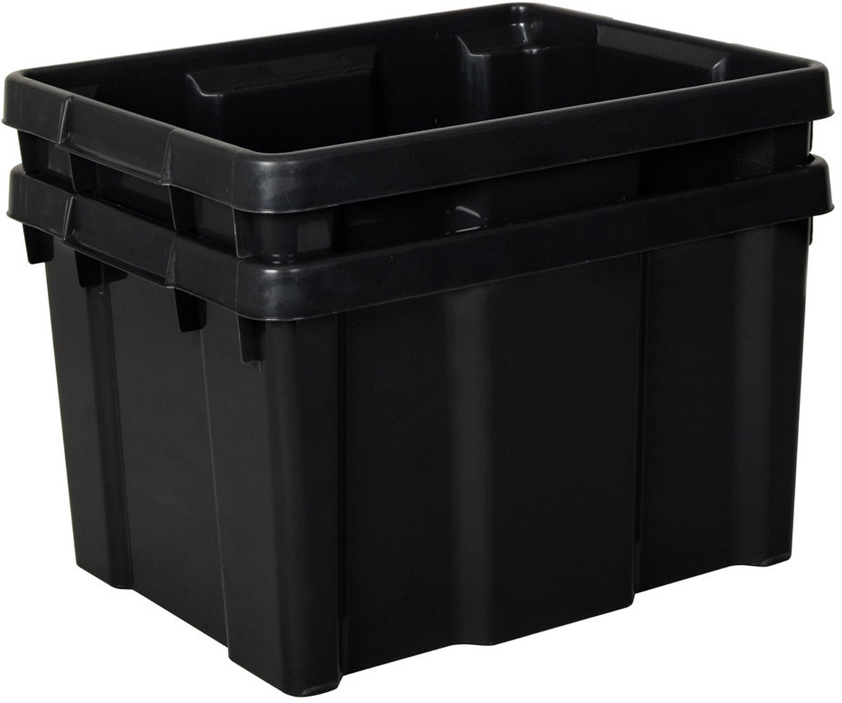 EDA Opbergbox/opbergkrat 30 L - 2x - zwart - kunststof - B34 x H26 - stapelbaar/nestbaar - opbergbak - opbergen