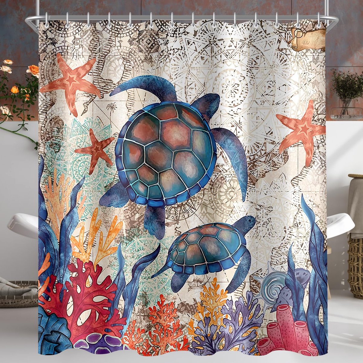 My Ninki ® Stijlvol Douchegordijn met Schildpad en Zeesterren Design, Antischimmel, Waterafstotend, 180 x 180 cm