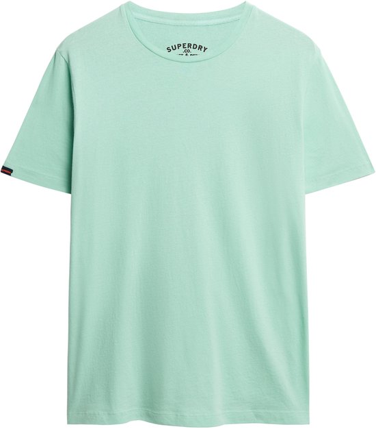 T-shirt Superdry vert menthe à manches courtes et col rond. Petit logo rouge, blanc et bleu sur la manche gauche.