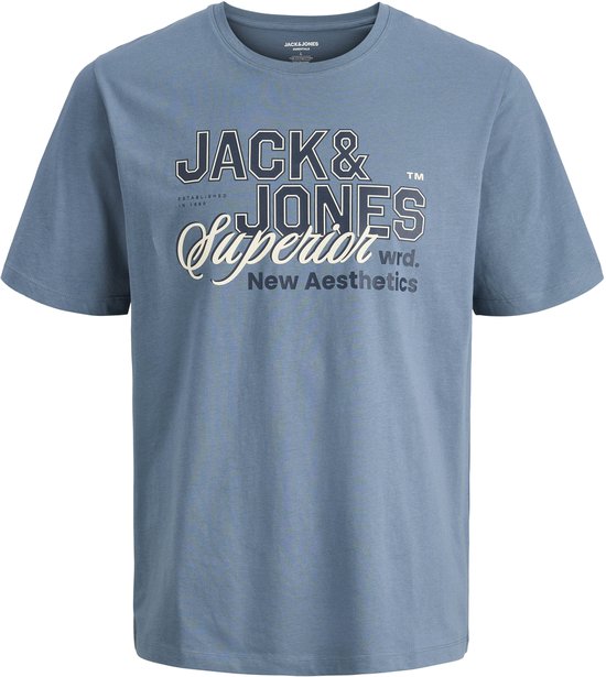 T-shirt bleu Jack & Jones avec inscription 'Superior New Aesthetics'.