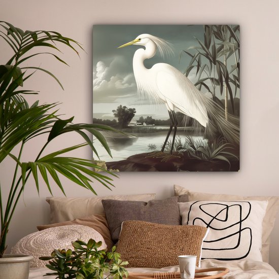 Tableau sur toile 90x90 cm - Décoration murale Héron - Plantes - Nuages ​​- Wit - Décoration murale salon - Décoration chambre - Accessoires chambre - Peintures sur toile