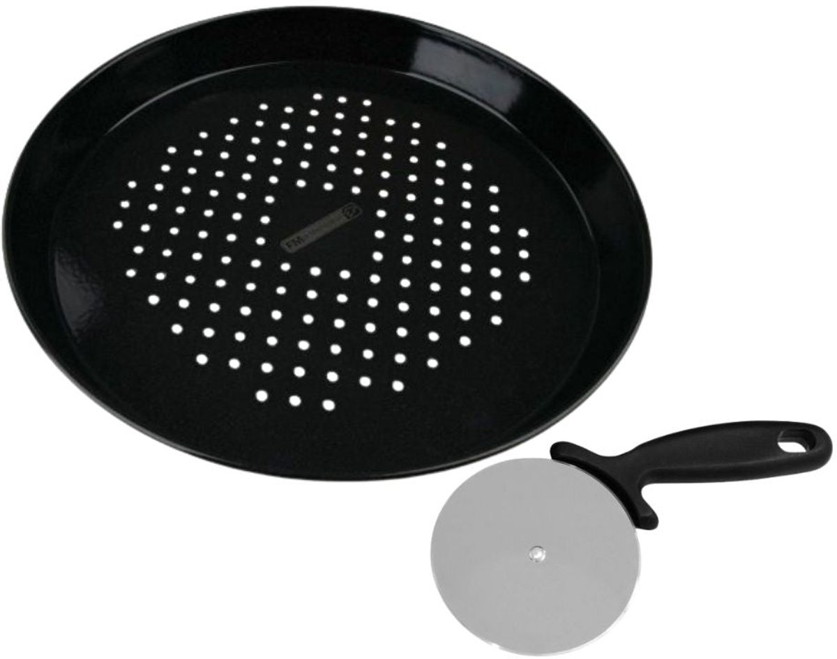 Set geperforeerde pizzaplaat 32 cm en FM Professionnal pizzasnijder