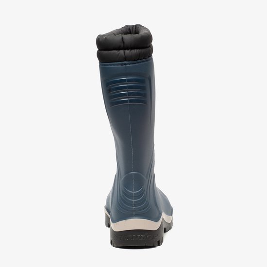 Blauwe Dunlop kinderlaars, achteraanzicht, met zwarte voering en rode veterstopper.