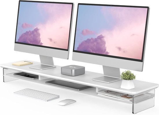 Fenge Dubbele Monitorstandaard Riser met 2 Acryl Laden, 108cm Grote Desktopstandaard voor PC/Laptop/Fax/Printer/TV-scherm, Uit één stuk (Eiken Wit