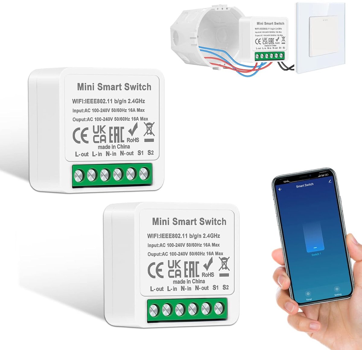 Slimme Wifi Lichtschakelaar voor Thuis - Mini Do It Yourself DIY Schakelaar met Compatibiliteit voor Alexa en Google Home