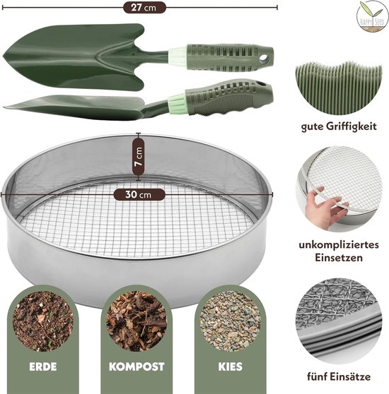 Ronde Tuinzeef met 5 Zeefinzetstukken - Geschikt voor Compost en Aarde - 30 cm - Roestvrij Staal van Merkloos	 — afbeelding 5
