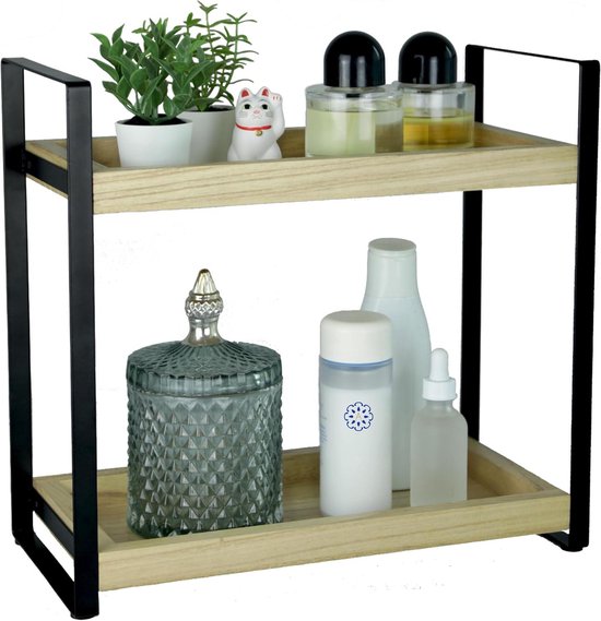 alma home Staande badkamerorganizer, badkamerrek zonder boren, 2 niveaus van hout en metaal, zwart, als rek voor badkameropslag, cosmetica of houten rek voor make-uptafel