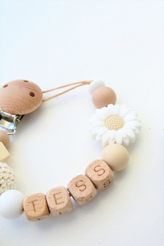 Speenkoord met Naam - BINNEN 24U VERZONDEN! - Beige Wit - Madelief - Gepersonaliseerd - Speenkoord clip - Unisex - Kraamcadeau - Speenketting met Naam - Speenclip - Babycadeau - Babyshower van Merkloos — afbeelding 2