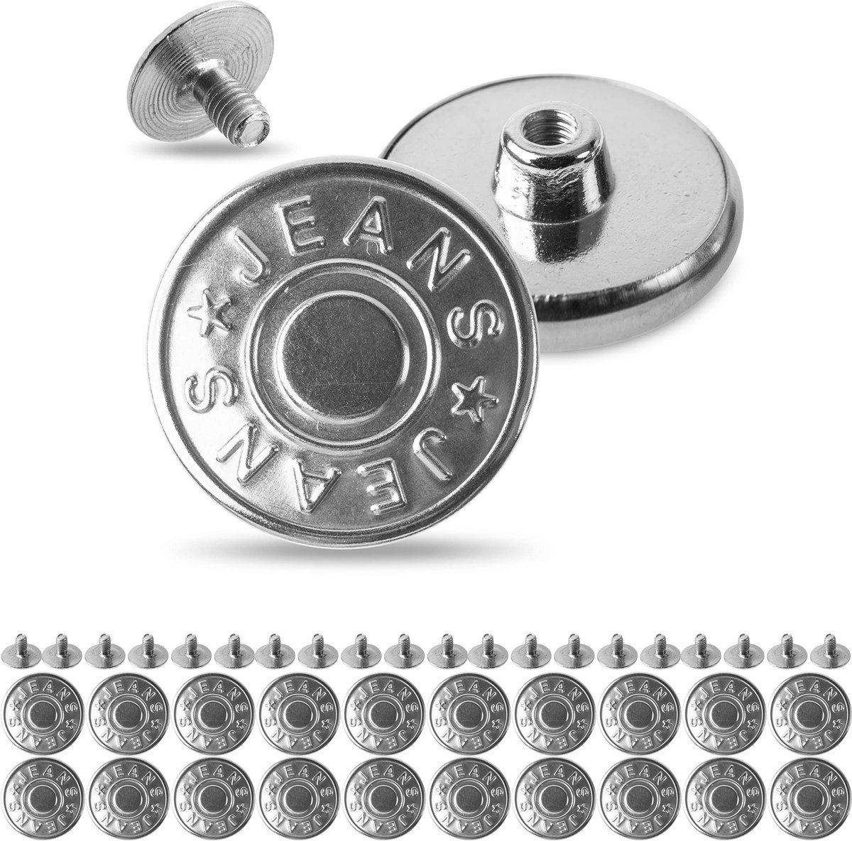 Vervangende broekknopen om te schroeven, verpakking van 20, Ø 14 mm messing jeansknopen, zilverkleurig, schroefbare jeansknopen, om de broekband breder of strakker te maken, metalen broekknopen met schroefsluiting