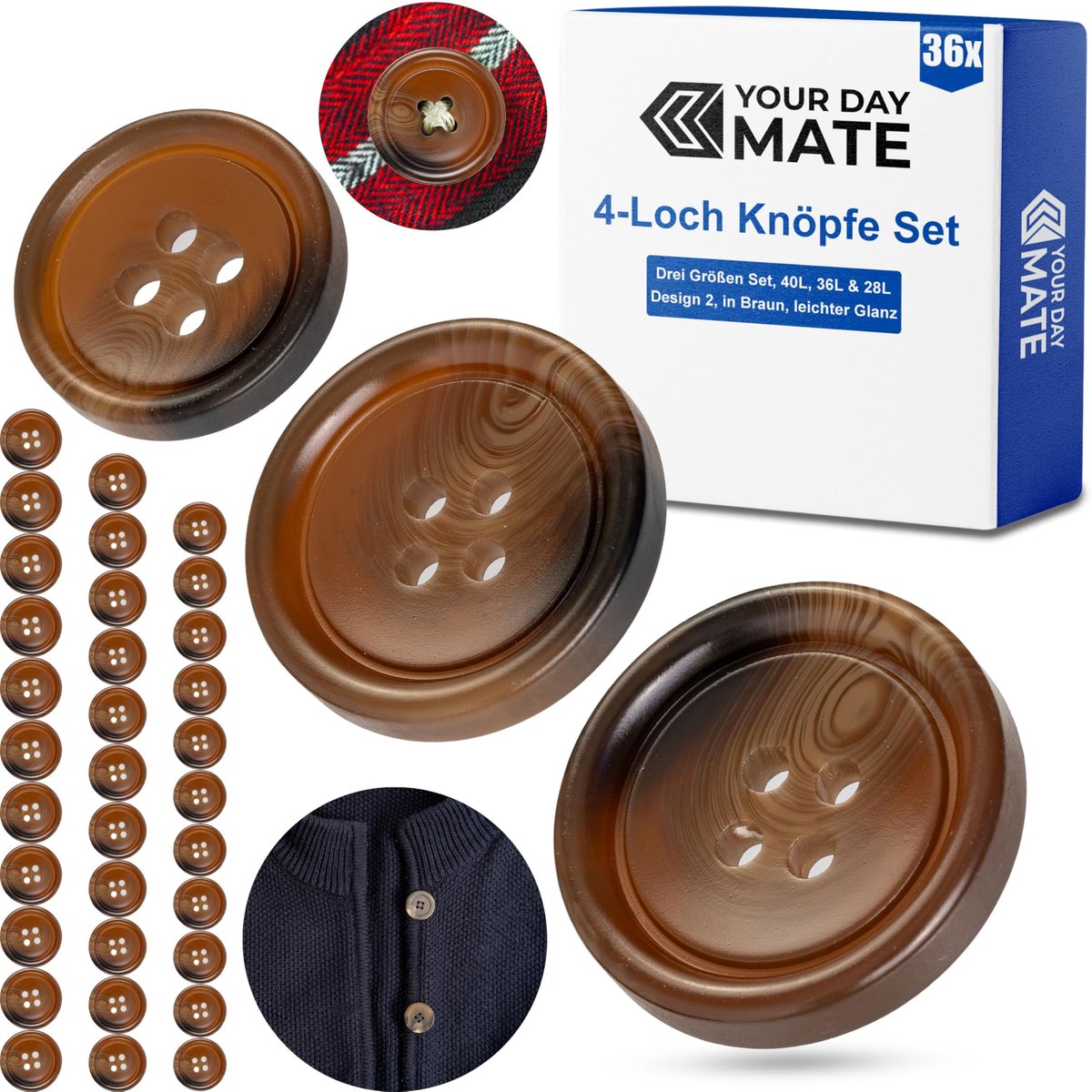 Knopenset voor kleding, 36 stuks, 4-gats, drie maten, bruin, polyester, maat 28L, 36L, 40L, harsknopen voor jas, mantel, anorak, winterjas, winterjas, doe-het-zelfknoop, wasknopen, knutselknopen