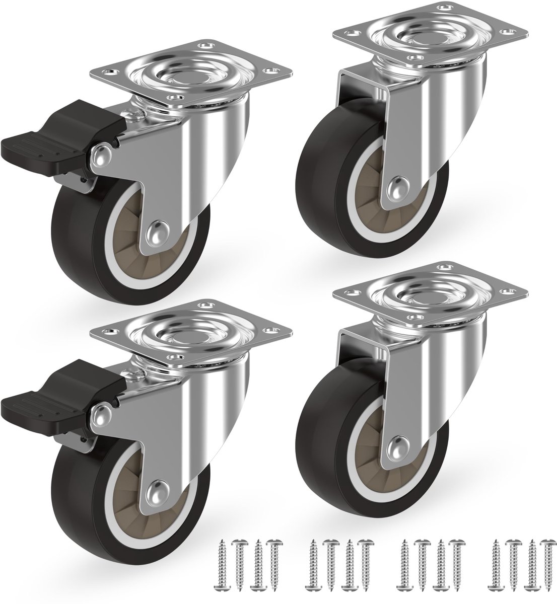RAVN HAMAN Set van 4 meubelwielen 50 mm - - Zwenkwielen met rem tot 50 kg per wiel - - Kleine rubberen wielen voor binnengebruik - - Rolt stil en is vloervriendelijk - - Transportwielen voor veel soorten vloeren