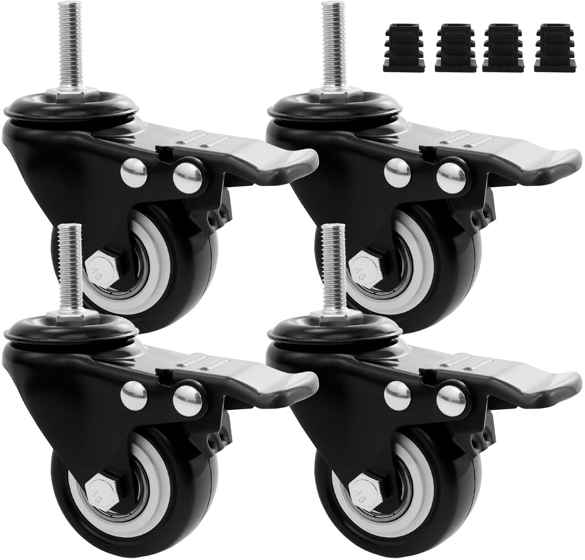 4 wielen met rem M8×25mm, zware wielen 50mm, zwenkwielen voor meubels, meubelwielen met schroefdraad M8, rubberen zwenkwielen, geen strepen en stil, voor apparaten en meubels, met 4 moerpluggen