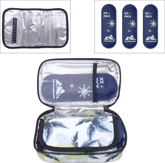 Rainbecom - Insuline Koeltas met Temperatuurstrip - Diabetes Koeltas - 21x6x11cm - Diabetische Reistas - Insuline Etui - Insulinepennen - Medische Koeltas voor Insulinespuit - Travel Case met 3 Ice Packs - Draagbare - Tropical Breeze