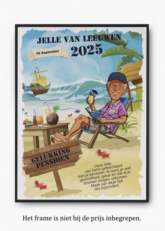 A4 Persoonlijke Pensioenposter – Strandthema met Foto, Naam & Datum – Origineel Pensioencadeau Collega – Gepersonaliseerd Afscheidscadeau-Voor Hem