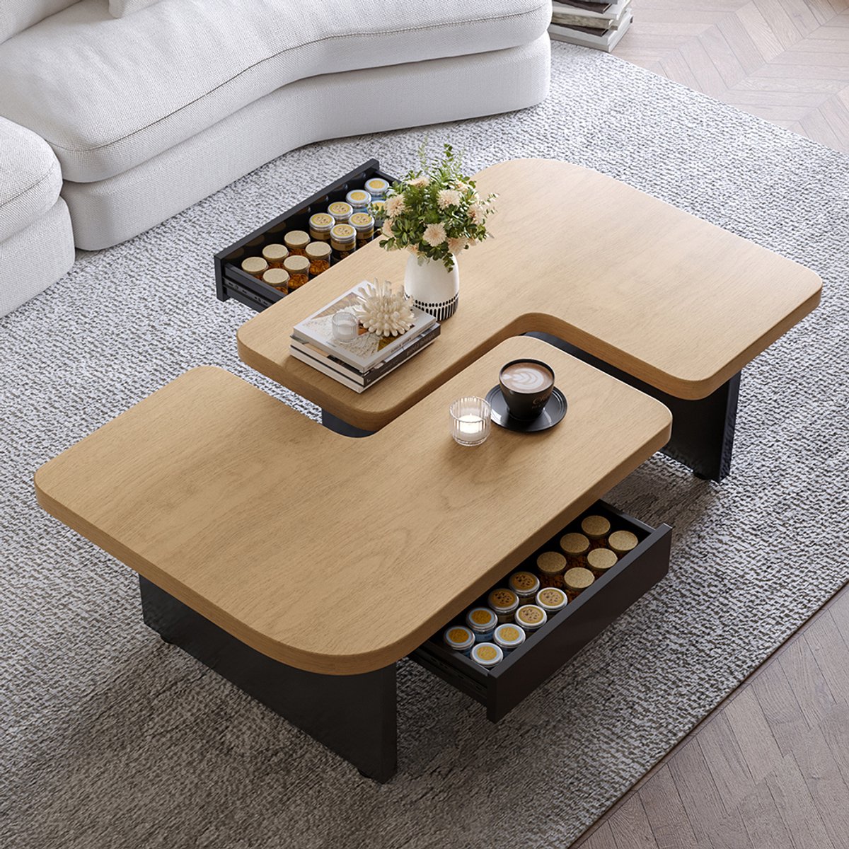 Komhtom Moderne salontafel met LED-design van milieuvriendelijk hout 2-in-1-design naar keuze te combineren design in natuurlijke houtkleur 2 lades zachte rondingen in hoogte verstelbare poten.