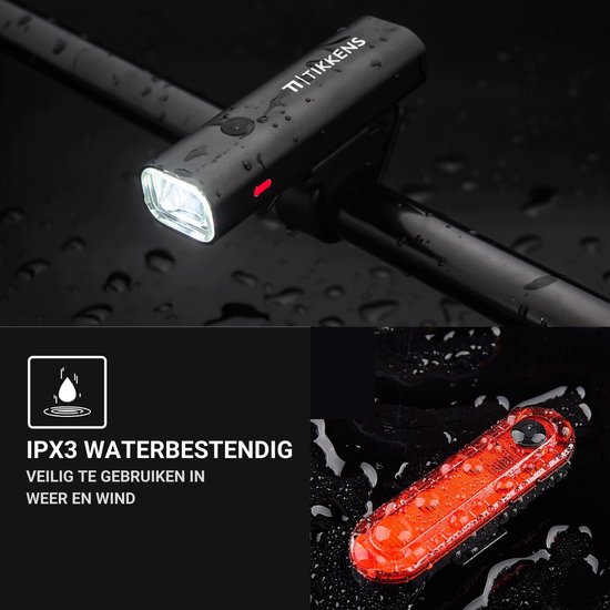 TIKKENS LED Éclairage de vélo éclairagistes - avant et arrière Light - USB rechargeable - Zwart - avant et arrière - étanche
