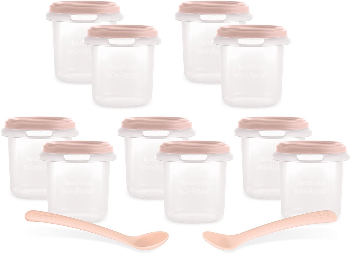 Miniland Set 10 Hermisized Candy 200 ml, 10 luchtdichte bakjes met maatverdeling en 2 lepeltjes, veilig, robuust en vaatwasserbestendig, magnetron- en vriezerbestendig, Dolce collectie.