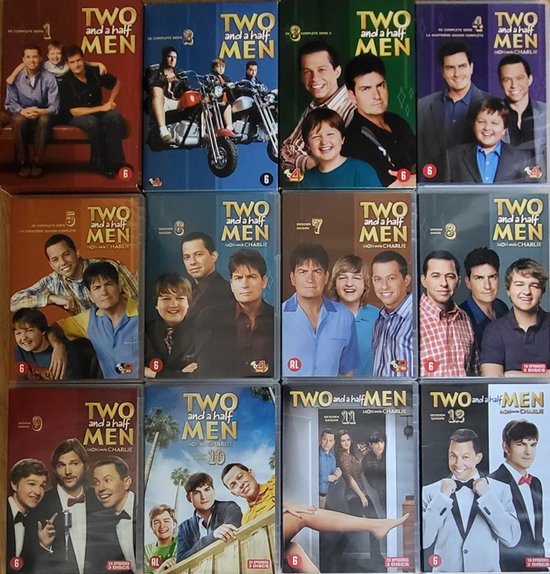 De complete seizoenen 1 t/m 12 van Two and a Half Men, met de cast op de dozen.