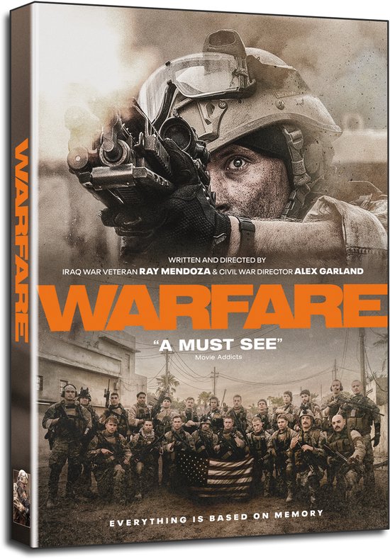 Filmcover 'Warfare' met soldaat in helm die door vizier kijkt. Groep soldaten met Amerikaanse vlag.