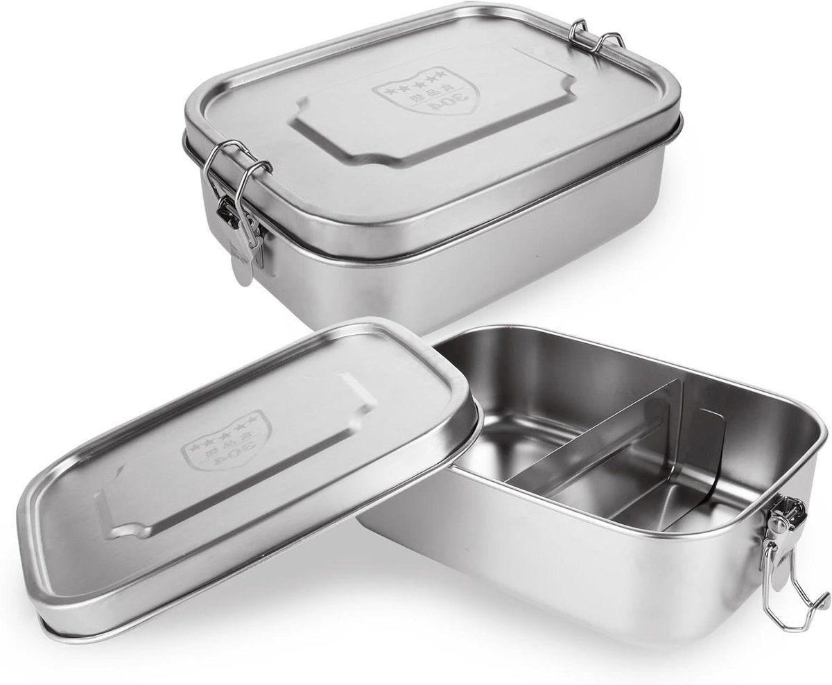 wenco Hoogwaardige roestvrijstalen lunchbox, met 2 compartimenten, lunchbox van 850 ml (1 netto-inhoud), waterdicht, vaatwasmachinebestendig, inclusief vervangende siliconen ring, 18,5 x 14 x 5,5 cm, zilver