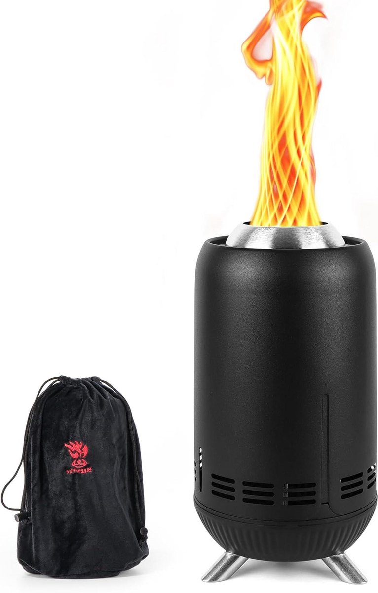 Outdoor Black Mini Fire Pit for Camping Bonfire | Stainless Steel Secondary Combustion Camping Stove Low Smoke Fed by Pellets and Wood with Travel Bag 30.5 x 16.3cm