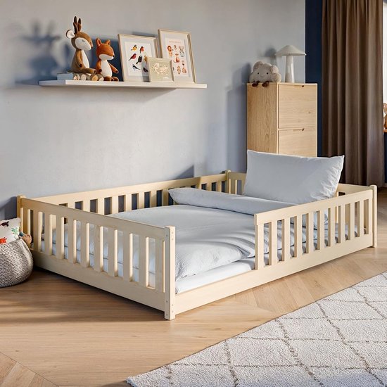 Lit enfant Lit au sol 140x200 cm Lit avec protection antichute et sommier à lattes Lit Montessori Lit enfant Lit jeune Lit simple en option avec matelas | bois de pin massif naturel garçon fille