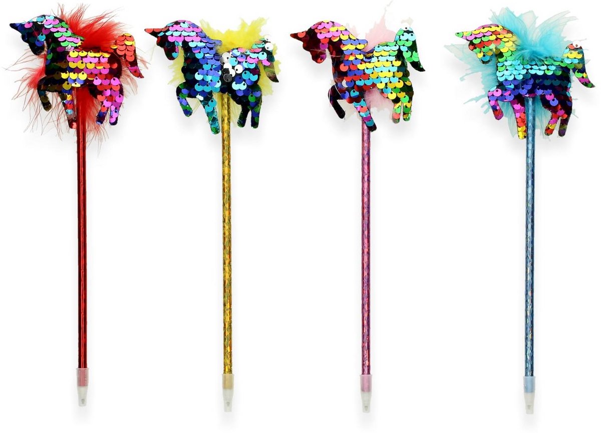 12 Eenhoorn Balpen | 4 Kleuren | Unicorn | Pailletten Pen met Fluffy Veren
