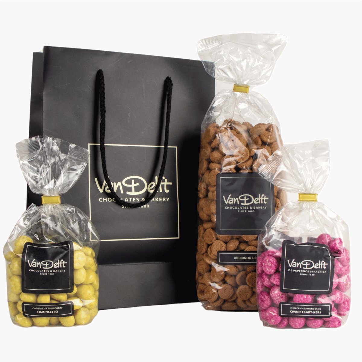 Van Delft - Cadeauset met kruidnoten (500gr), kwarktaart kers en limoncello - Kruidnoten Cadeau - Personeelsgeschenk - Sinterklaas geschenk