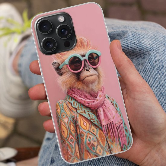 Telefoonhoesje Geschikt voor iPhone 15 Pro Max hoesje - Sjaal - Aap - Zonnebril - Jasje - Siliconen Telefoonhoesje Telefoonhoesje