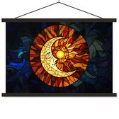 Posterhanger incl. Poster 120x80 cm - Schoolplaat - Mozaïek - Glas - Maan - Donkerblauw - Textielposter - Zwarte latten