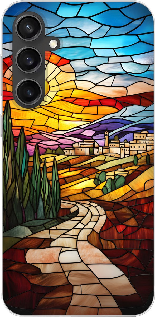 Telefoonhoesje Geschikt voor Samsung Galaxy S23 FE hoesje - Mozaïek - Zon - Landschap - Dorp - Siliconen Telefoonhoesje Telefoonhoesje