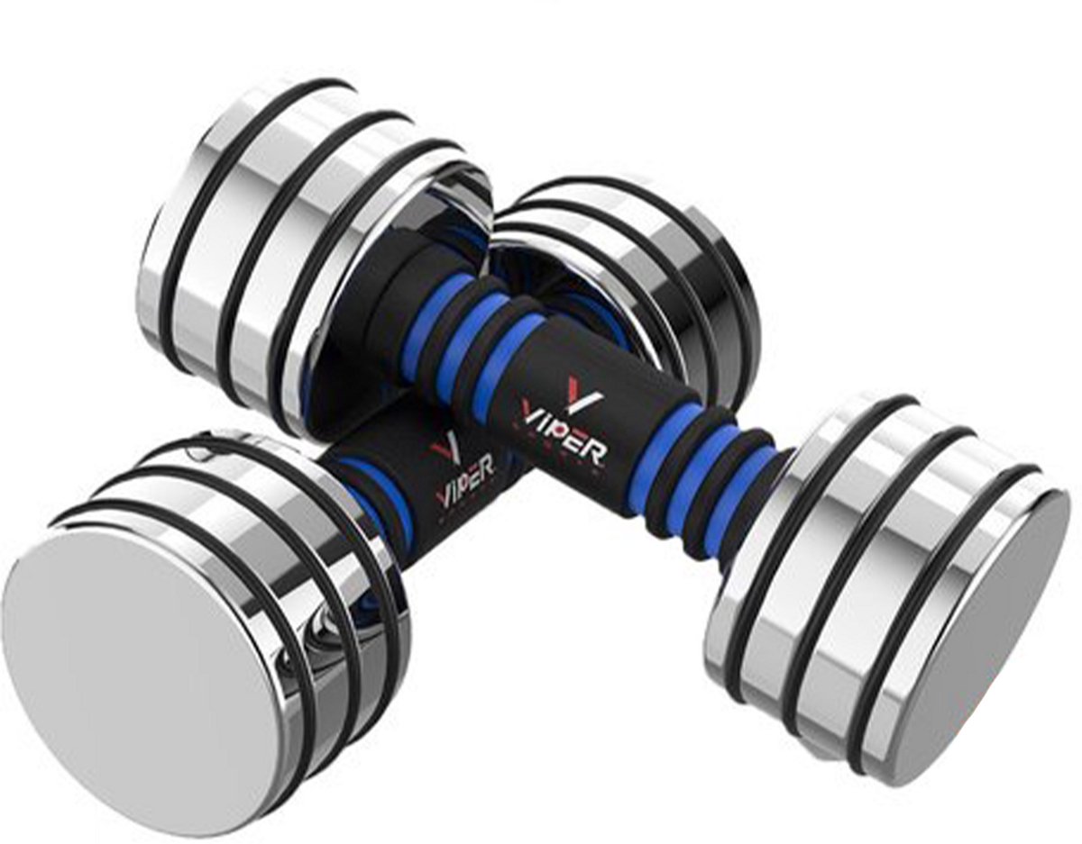 Viper Sports Verstelbare gewichten 2 x 10 kg – Dumbbells – Dumbells set – Anti-slip – Mirror finish - RVS/Foam – Steel Blue