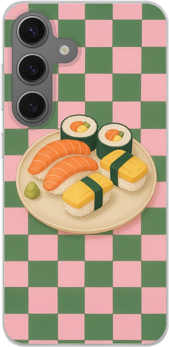 Telefoonhoesje Geschikt voor Samsung Galaxy S25 hoesje - Sushi - Bord - Geblokt - Groen - Siliconen Telefoonhoesje Telefoonhoesje