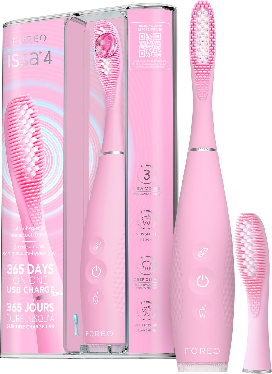 FOREO ISSA 4 Sonische Elektrische Tandenborstel – 4-in-1 Oplaadbaar met Extra Borstelkop, Zachte Haren, Langdurig Gebruik, Zachte Reiniging - Pearl Pink