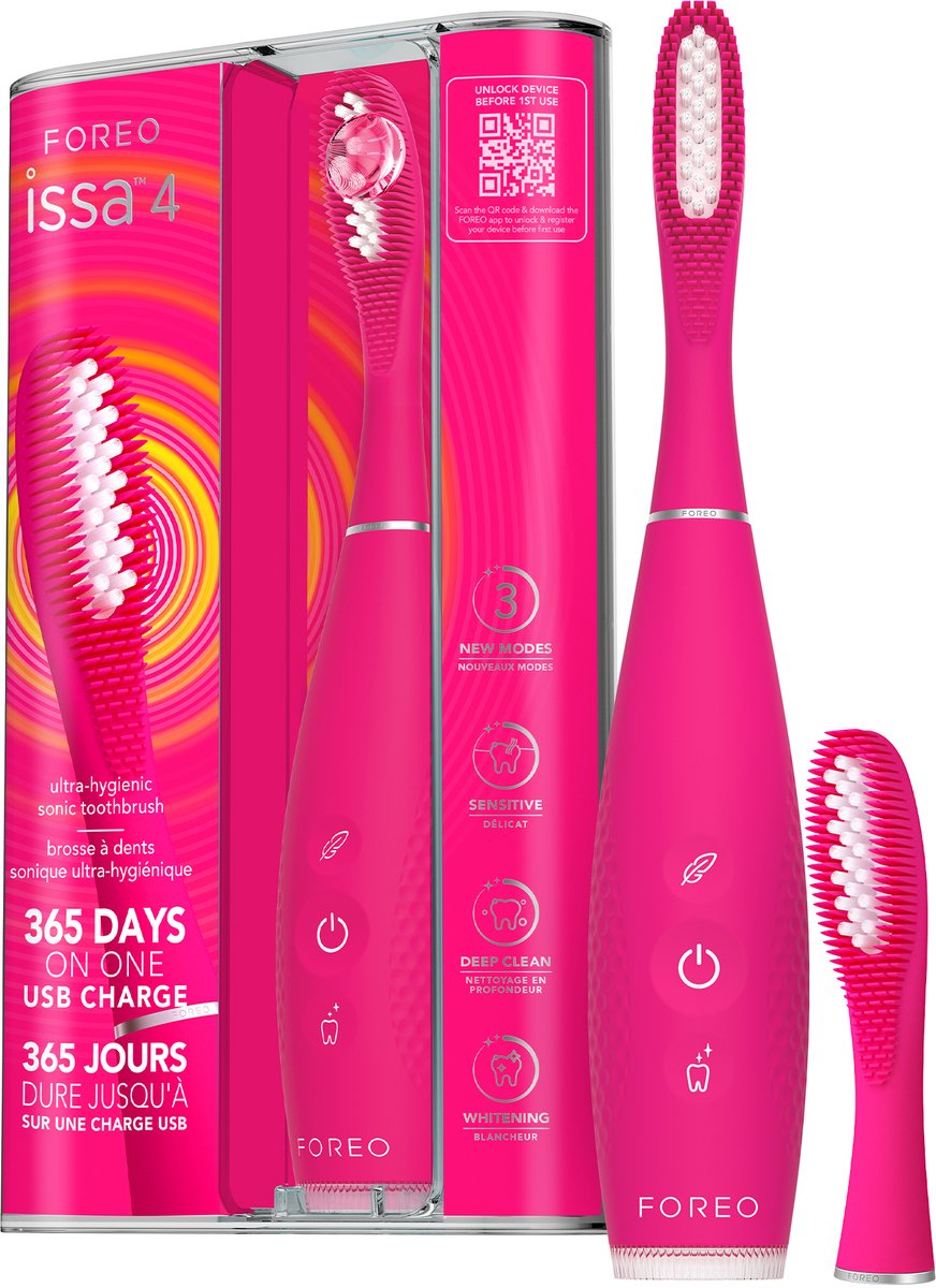 FOREO ISSA 4 Sonische Elektrische Tandenborstel – 4-in-1 Oplaadbaar met Extra Borstelkop, Zachte Haren, Langdurig Gebruik, Zachte Reiniging - Fuchsia