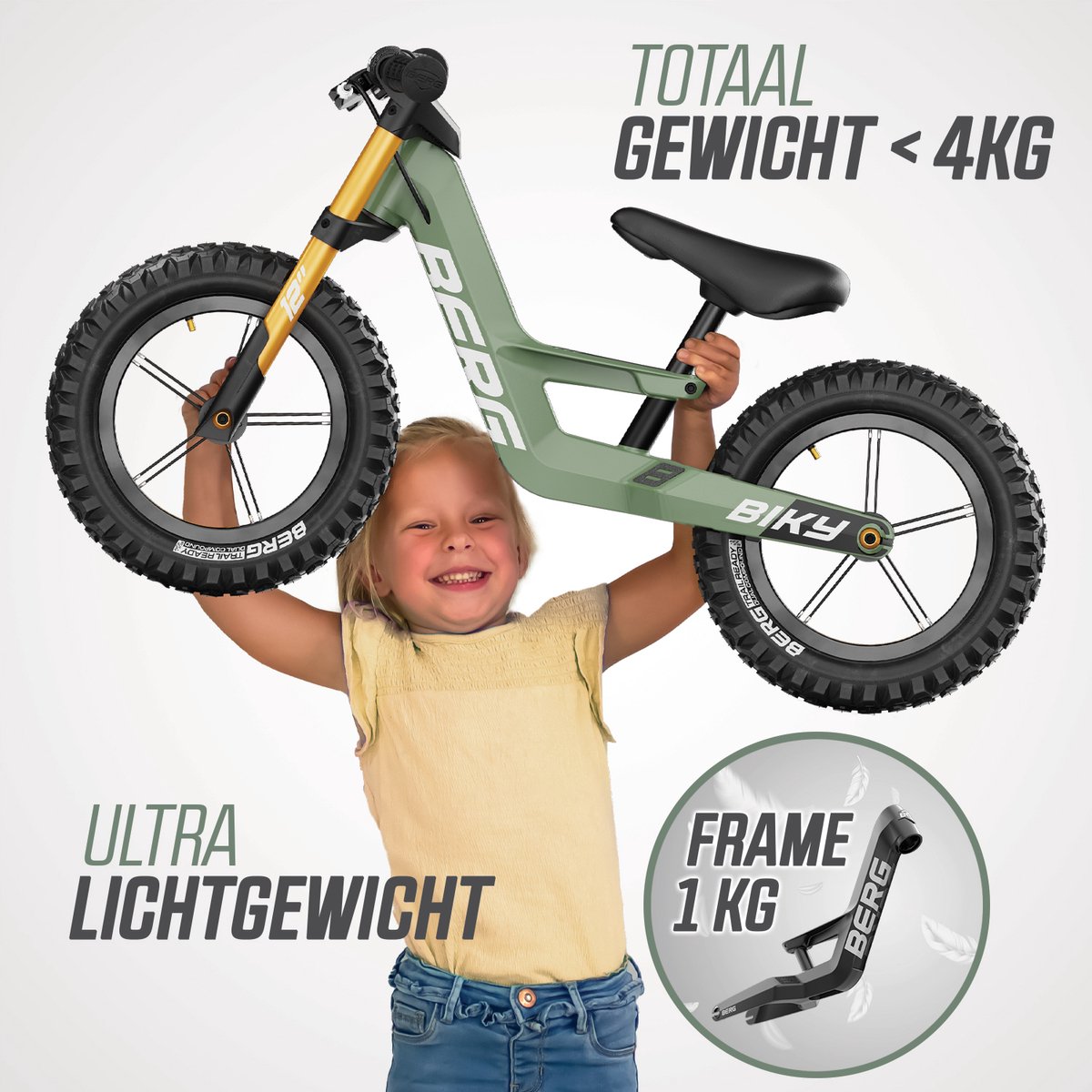 BERG Biky Cross Green Loopfiets - 12 inch - Met handrem - Lichtgewicht frame van magnesium - Verstelbaar zadel - 2,5+ Jaar - Groen — afbeelding 6