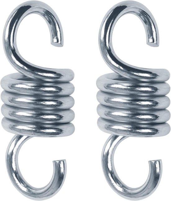 Close-up van twee metalen veren met haken aan beide uiteinden.