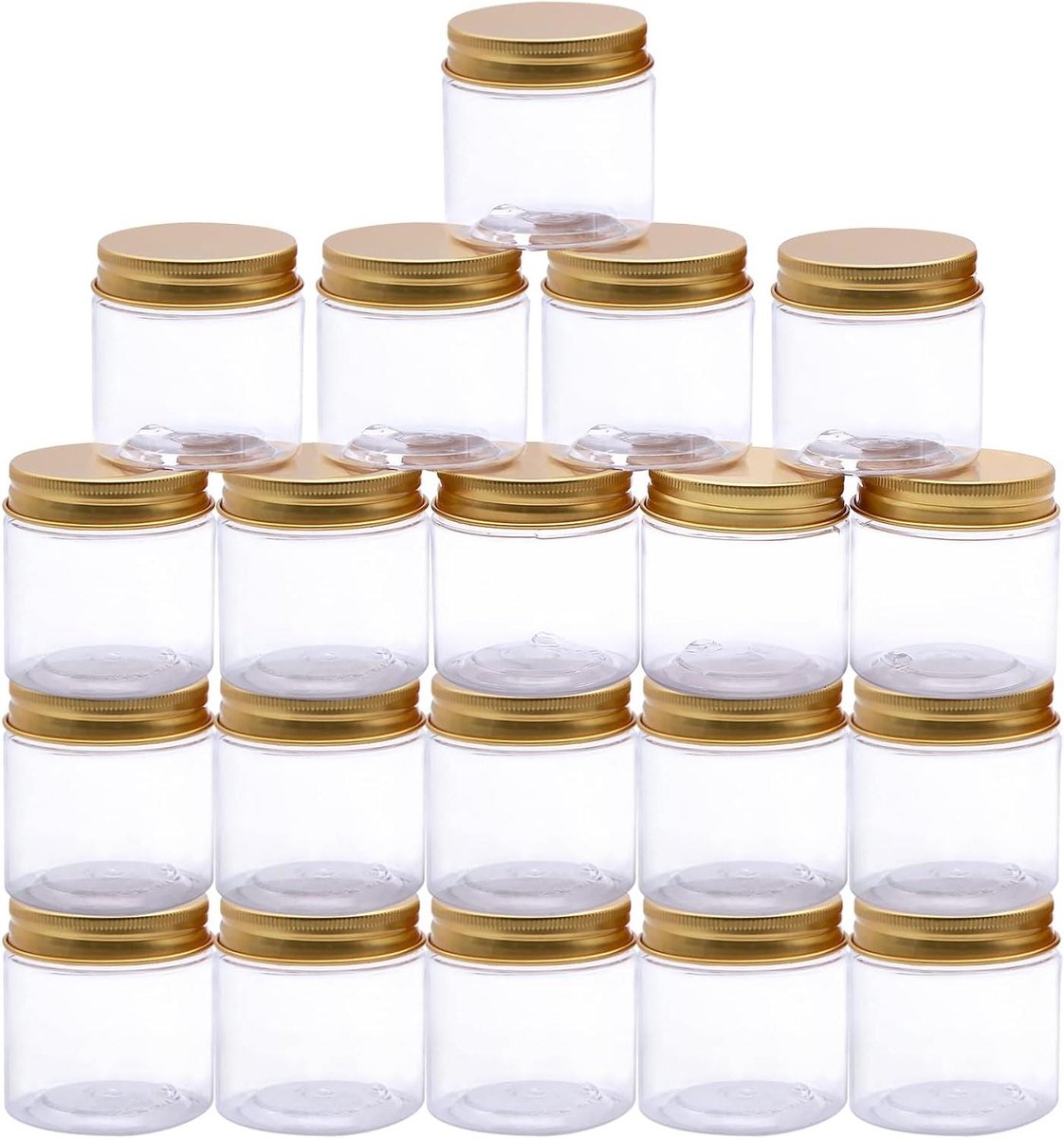 Image of 20-delige set transparante crèmepotjes 60 ml met deksel en etiket | Ideaal voor make-up, zalven, lotions | Goud