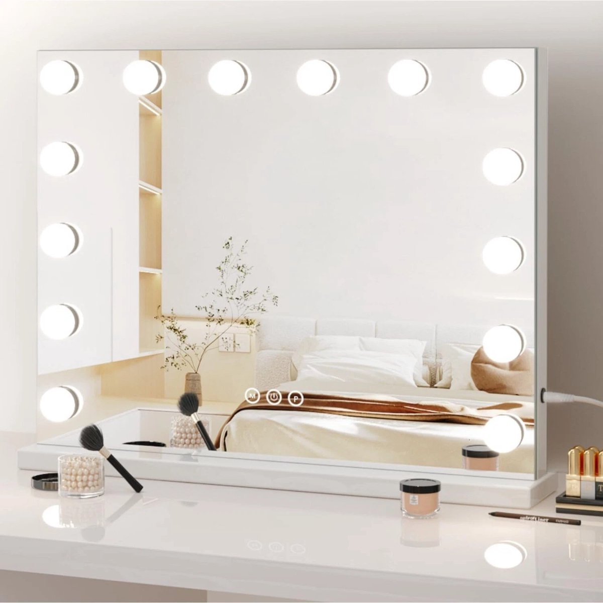 Bright Beauty® Make-up Spiegel met Verlichting – Hollywood Spiegel – 50×42 cm – 14 LED Lampen – 3 Lichtkleuren – Dimbaar – Smart Touch – USB Oplaadpoort – Wit