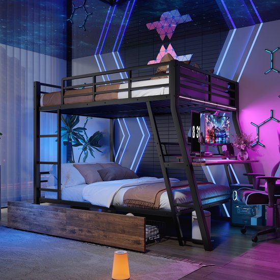 Lit mezzanine avec éclairage LED- 140 x 200 cm - tiroir - garde-corps - escalier - bureau - sans matelas - noir