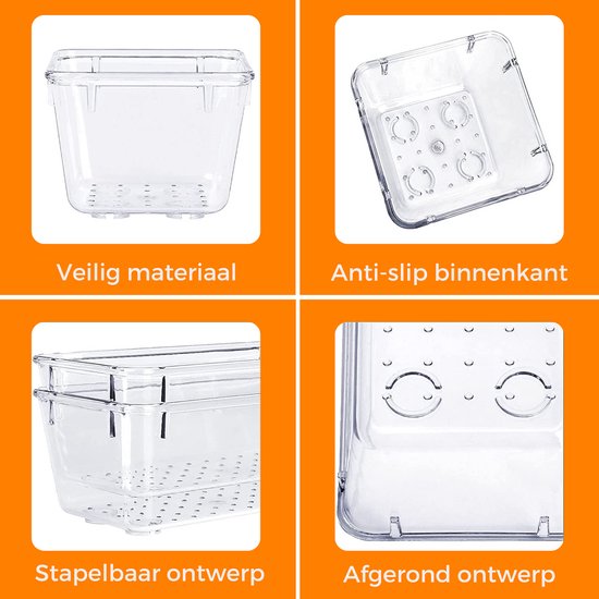 Vier transparante lade organizers die veilig, anti-slip, stapelbaar en afgerond zijn.