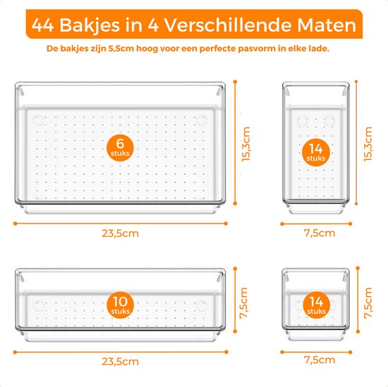 Vier transparante lade organizers in verschillende maten: 6, 10 en 14 stuks.