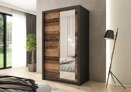 Promeubels - Kledingkast Miami - 120cm - Zwart mat - Old wood - met spiegel - Schuifdeur - Opbergkast